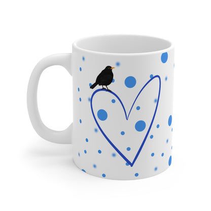 Amsel mit Herz Valentinstag Vogel Tasse Punkte Blau