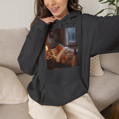 Süßes Rotkehlchen Hoodie im Bett mit Teddy | Kuscheliger Vogel Kapuzenpullover für Langschläfer