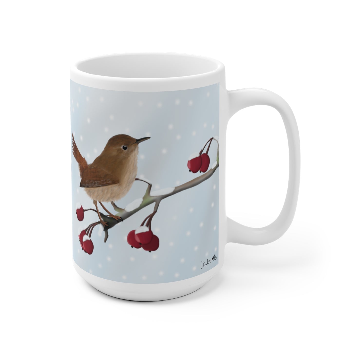 Zaunkönig auf einem Ast im Winter Weihnachten Schnee Vogel Tasse