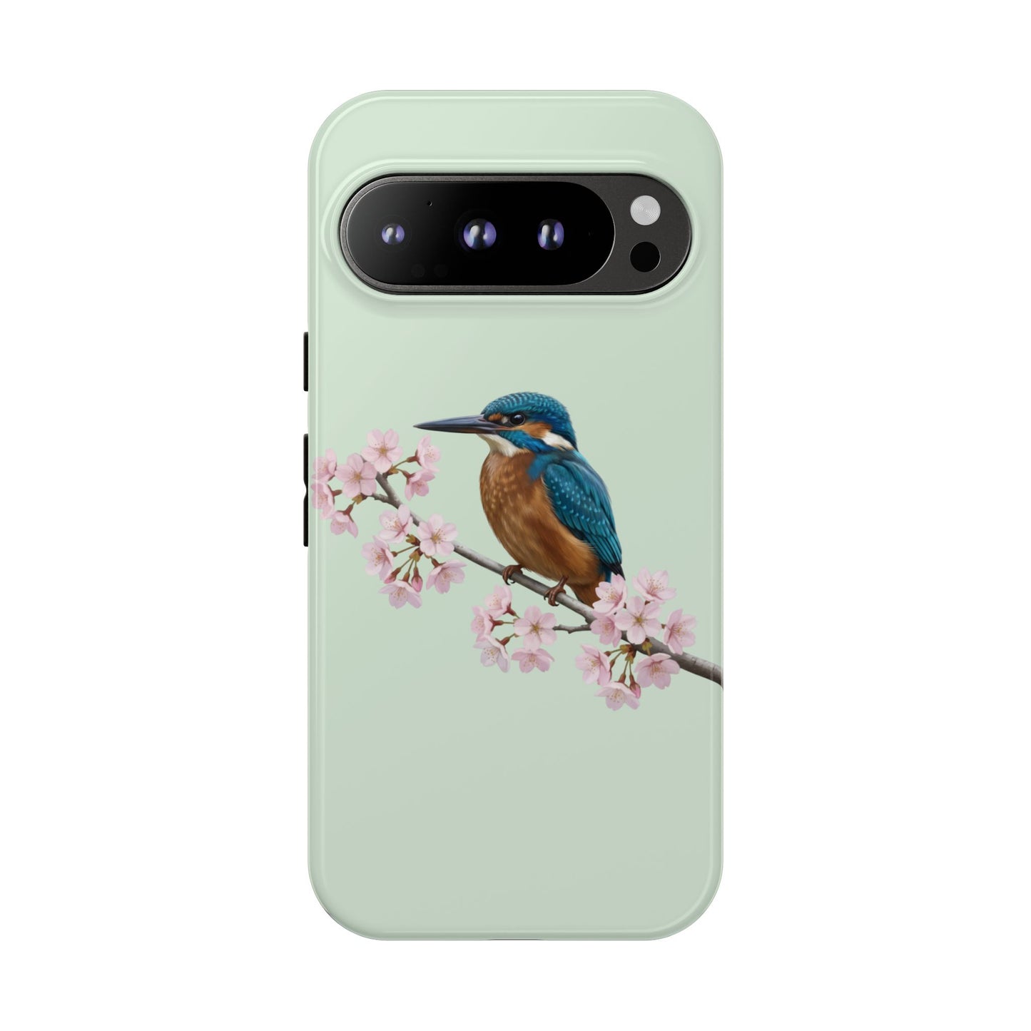Eisvogel Handyhülle in Salbeigrün | Florales Kirschblüten Vogel-Motiv für iPhone & Google Pixel