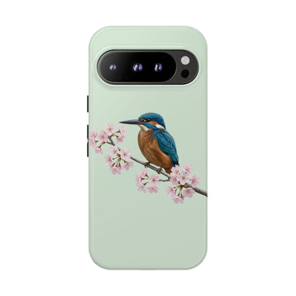 Eisvogel Handyhülle in Salbeigrün | Florales Kirschblüten Vogel-Motiv für iPhone & Google Pixel