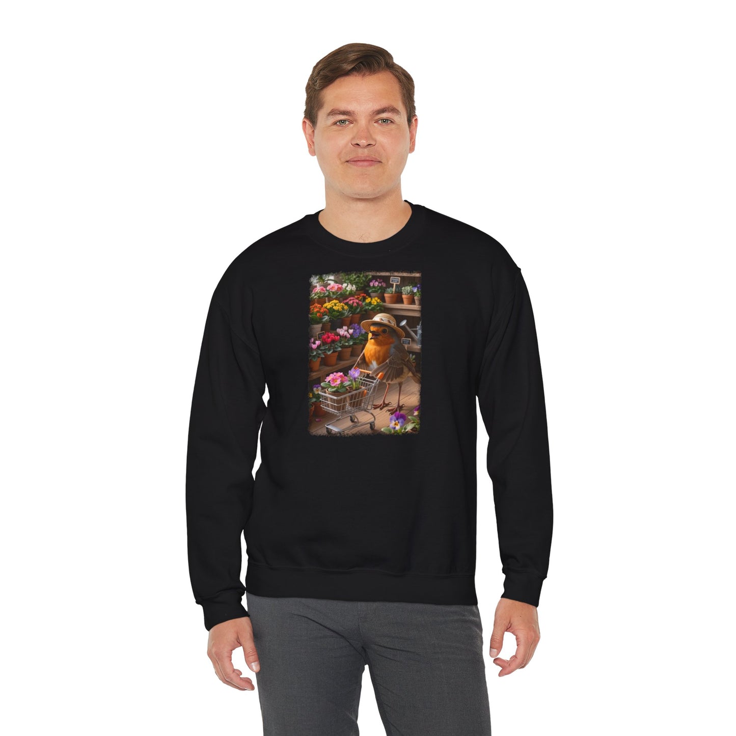Lustiges Rotkehlchen Sweatshirt mit Blumen-Einkaufswagen | Süßer Vogel Pullover für Pflanzenliebhaber