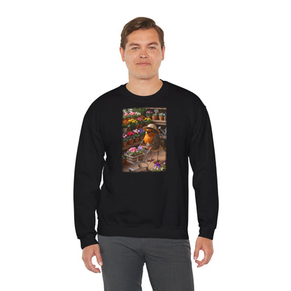 Lustiges Rotkehlchen Sweatshirt mit Blumen-Einkaufswagen | Süßer Vogel Pullover für Pflanzenliebhaber