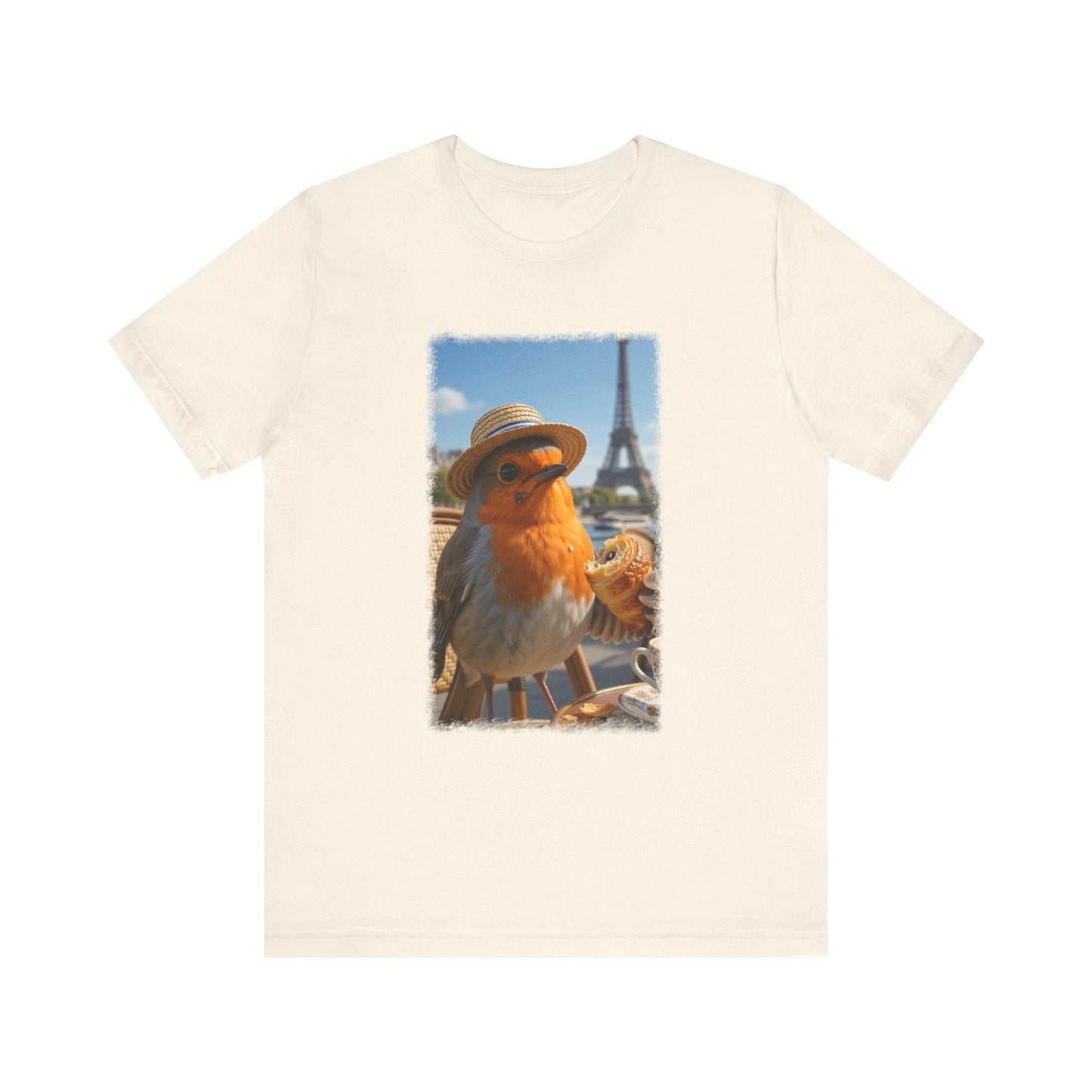 Rosi Rotkehlchen im Paris Bistro T-Shirt – Bequemes Premium Shirt für Vogelfreunde