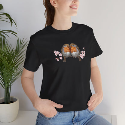 Rotkehlchen Pärchen in Kirschblüten T-Shirt - Romantisches Vogel Geschenk