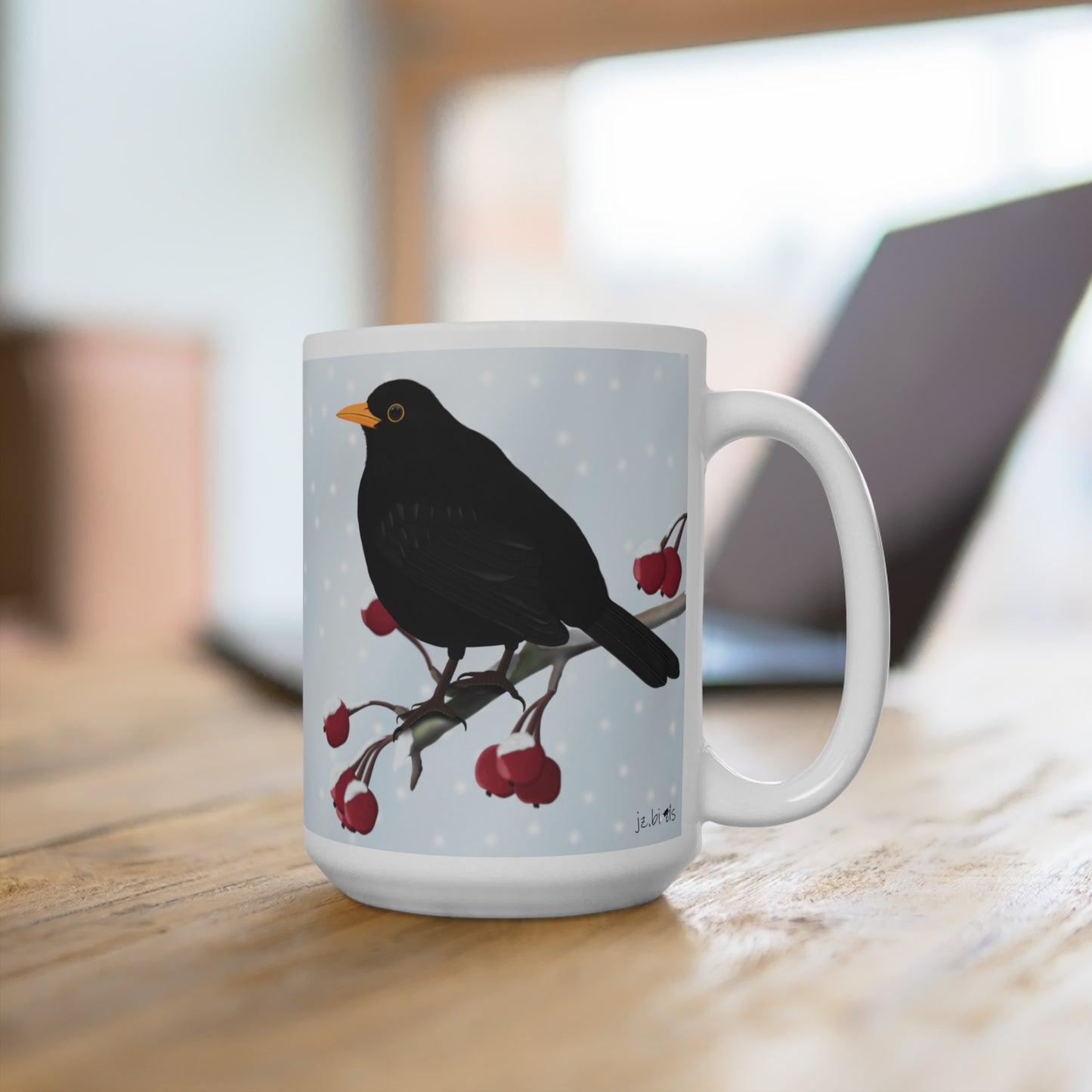 Amsel auf einem Ast im Winter Weihnachten Schnee Vogel Tasse