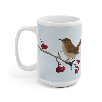 Zaunkönig auf einem Ast im Winter Weihnachten Schnee Vogel Tasse