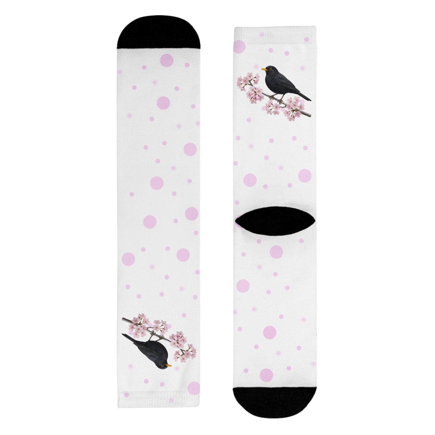 Amsel Socken – mit Kirschblüten | Weiß Rosa gepunktete Vogelmotiv Strümpfe