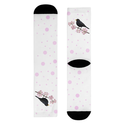Amsel Socken – mit Kirschblüten | Weiß Rosa gepunktete Vogelmotiv Strümpfe
