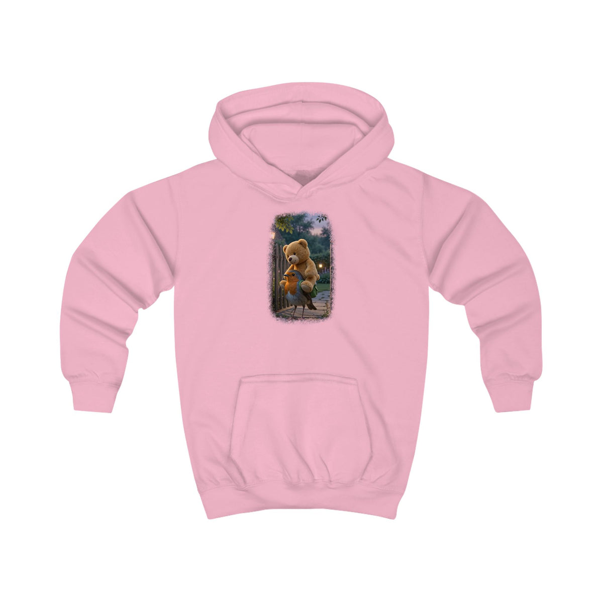 Kuscheliger Kinder Hoodie Rosi Rotkehlchen & der Riesen-Teddy