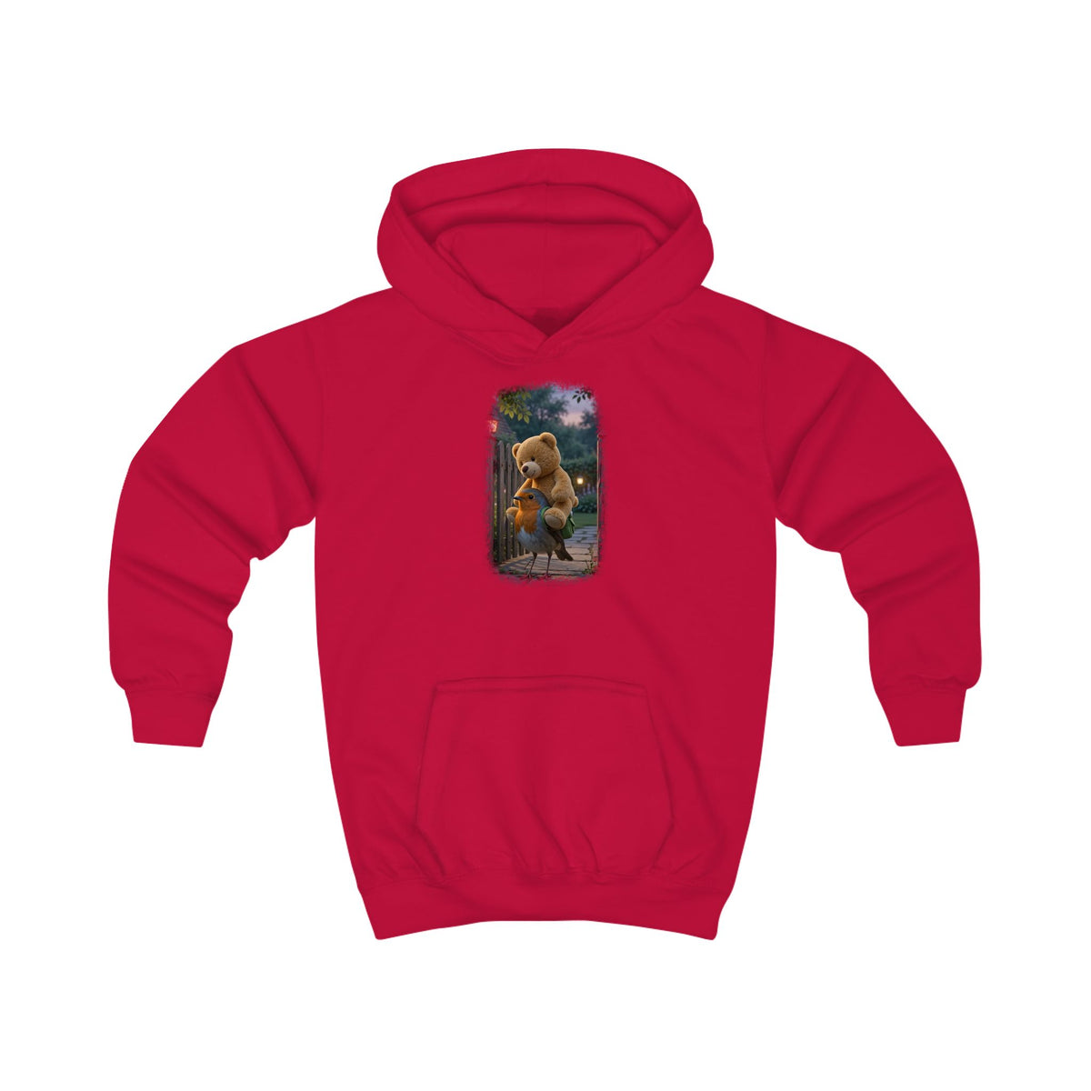 Kuscheliger Kinder Hoodie Rosi Rotkehlchen & der Riesen-Teddy