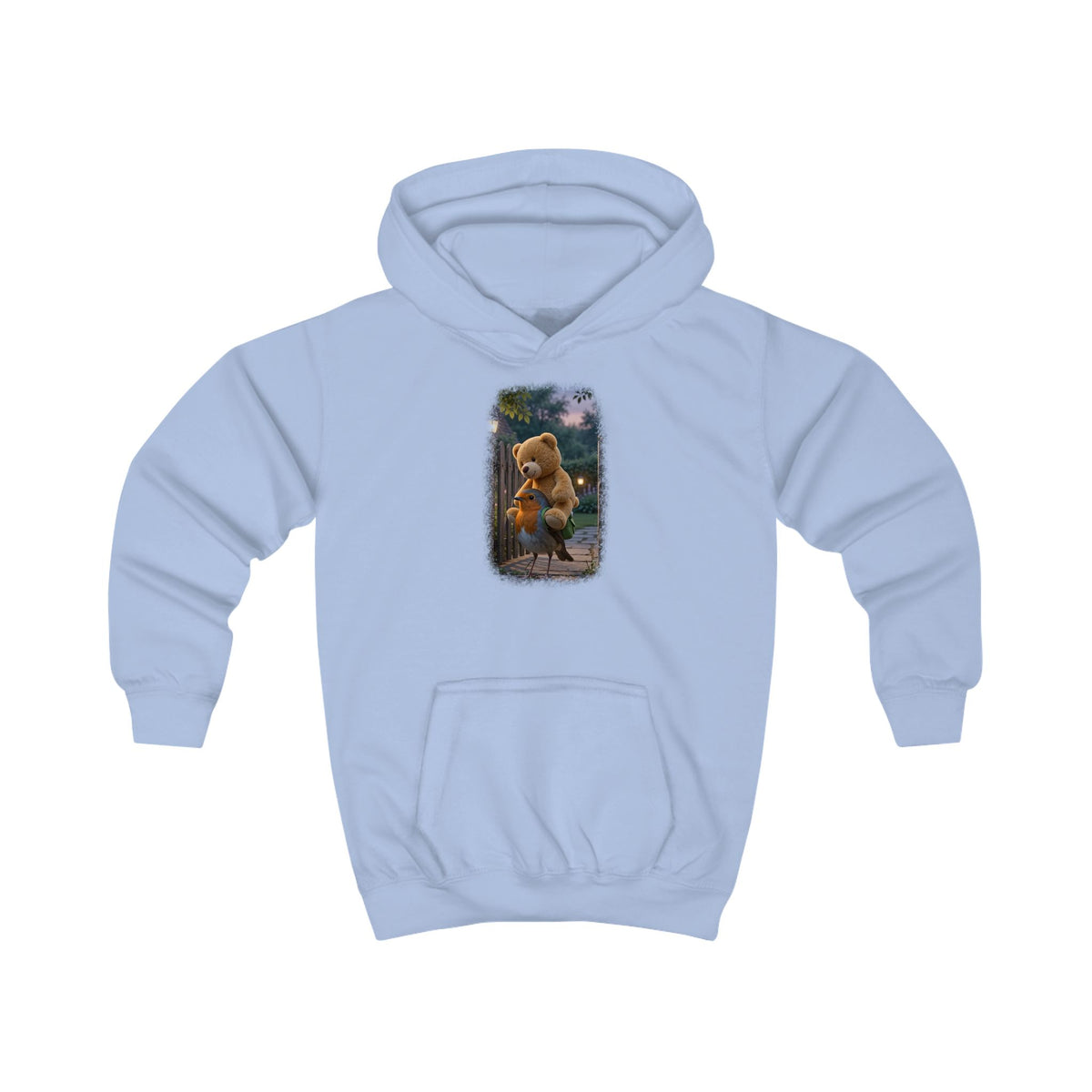 Kuscheliger Kinder Hoodie Rosi Rotkehlchen & der Riesen-Teddy