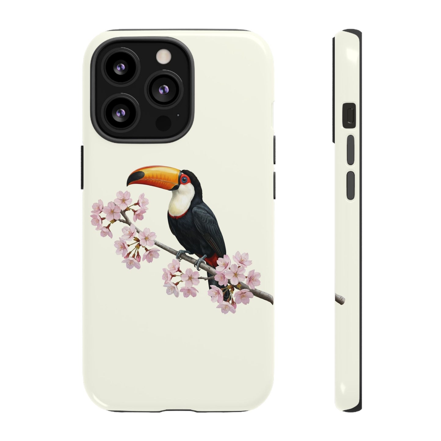 Tukan Handyhülle in Cremeweiß | Florales Kirschblüten Vogel-Motiv für iPhone & Google Pixel
