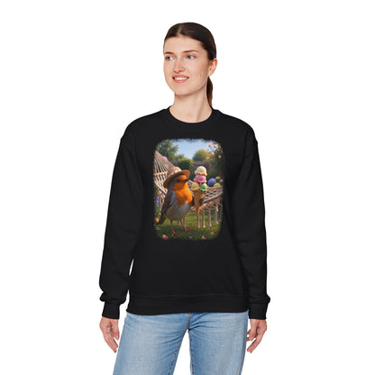 Premium Sweatshirt Rosi Rotkehlchen und das Riesen-Eis im Garten (Unisex)