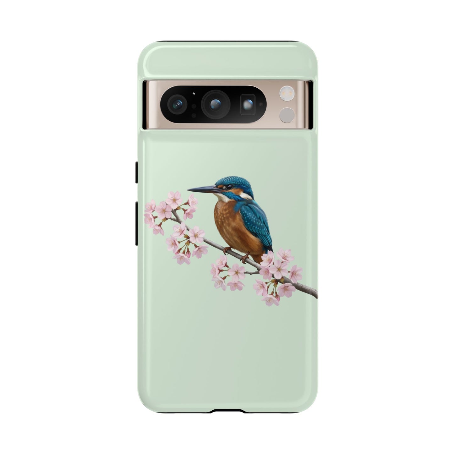 Eisvogel Handyhülle in Salbeigrün | Florales Kirschblüten Vogel-Motiv für iPhone & Google Pixel