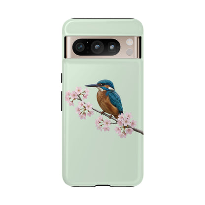 Eisvogel Handyhülle in Salbeigrün | Florales Kirschblüten Vogel-Motiv für iPhone & Google Pixel