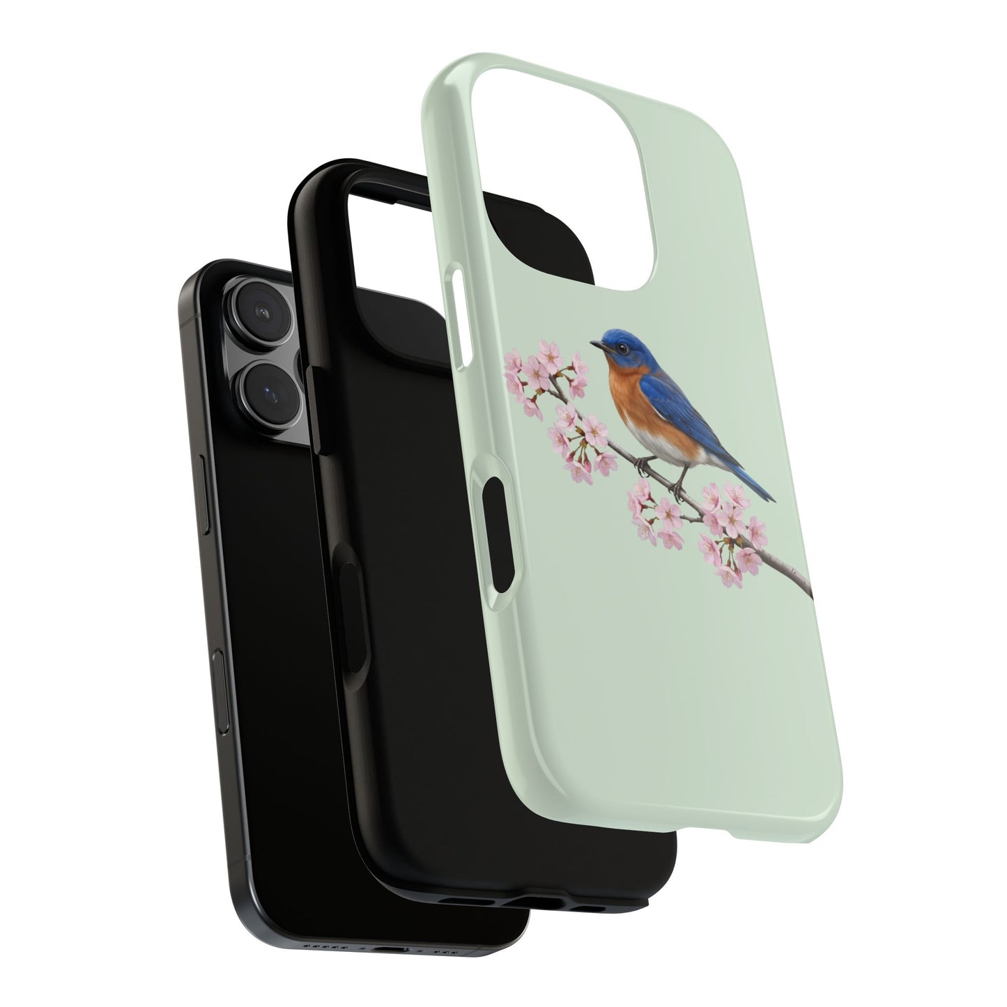 Rotkehl-Hüttensänger Handyhülle in Salbeigrün | Florales Kirschblüten Vogel-Motiv für iPhone & Google Pixel