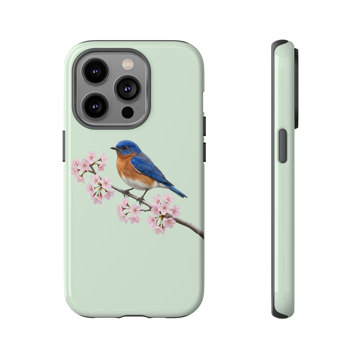 Rotkehl-Hüttensänger Handyhülle in Salbeigrün | Florales Kirschblüten Vogel-Motiv für iPhone & Google Pixel