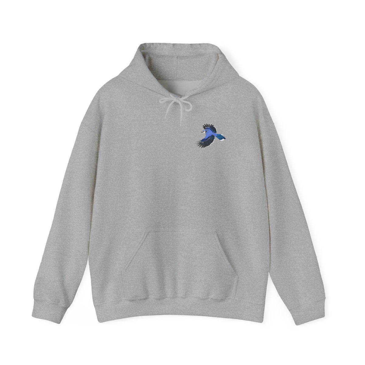 Blauhäher (Blue Jay) Hoodie – Kapuzenpullover mit kleinem Vogelmotiv im Flug
