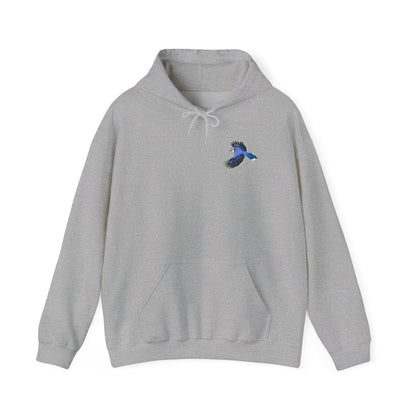 Blauhäher (Blue Jay) Hoodie – Kapuzenpullover mit kleinem Vogelmotiv im Flug
