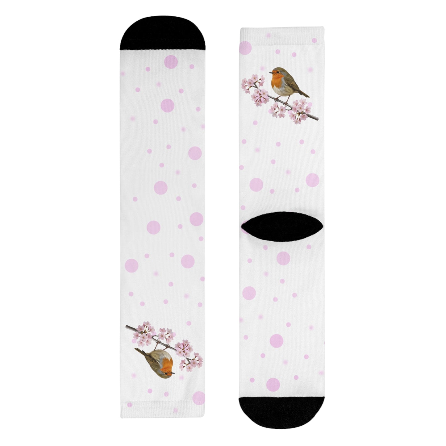 Rotkehlchen Socken – mit Kirschblüten | Weiß Rosa gepunktete Vogelmotiv Strümpfe