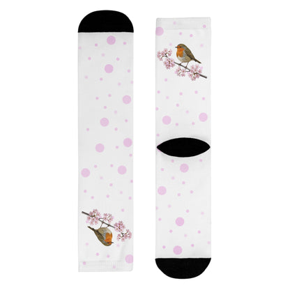 Rotkehlchen Socken – mit Kirschblüten | Weiß Rosa gepunktete Vogelmotiv Strümpfe
