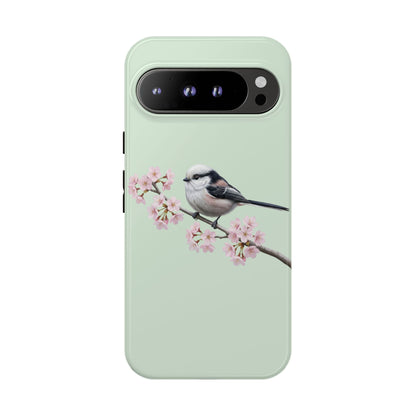 Schwanzmeise Handyhülle in Salbeigrün | Florales Kirschblüten Vogel-Motiv für iPhone & Google Pixel