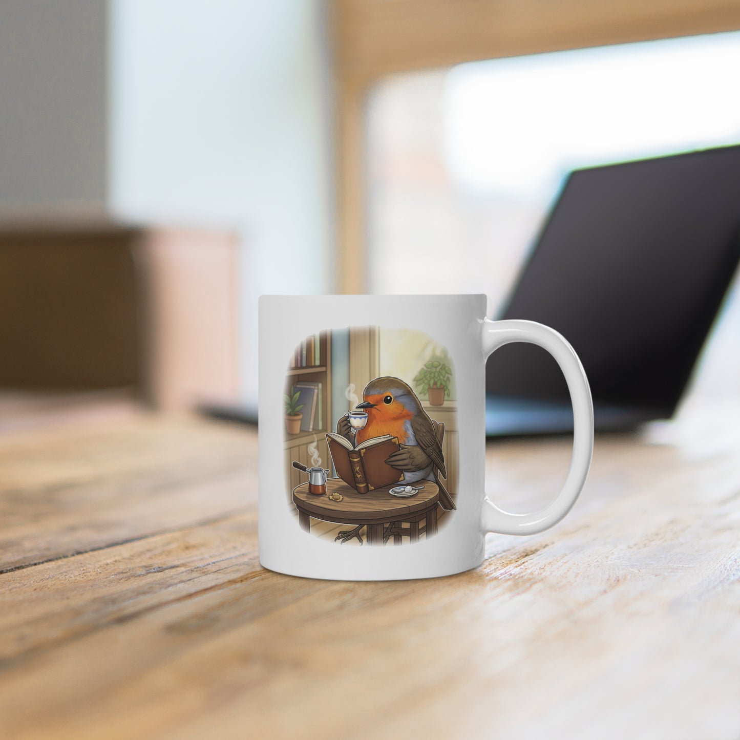 Rotkehlchen liest Bücher und trinkt Kaffee Vogel Tasse Weiß für Vogelbeobachter