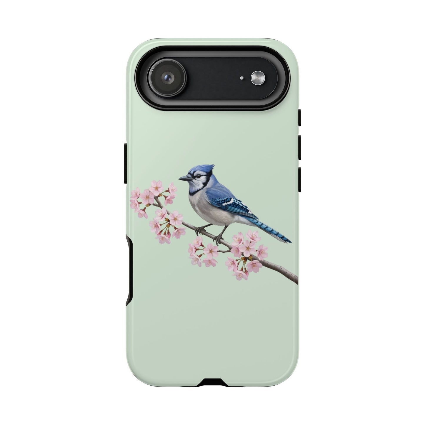 Blauhäher Handyhülle in Salbeigrün | Florales Kirschblüten Vogel-Motiv für iPhone & Google Pixel