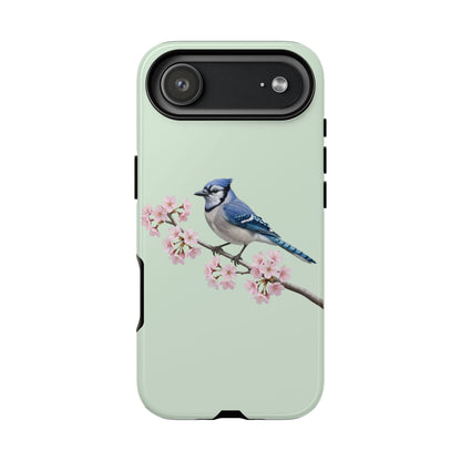 Blauhäher Handyhülle in Salbeigrün | Florales Kirschblüten Vogel-Motiv für iPhone & Google Pixel