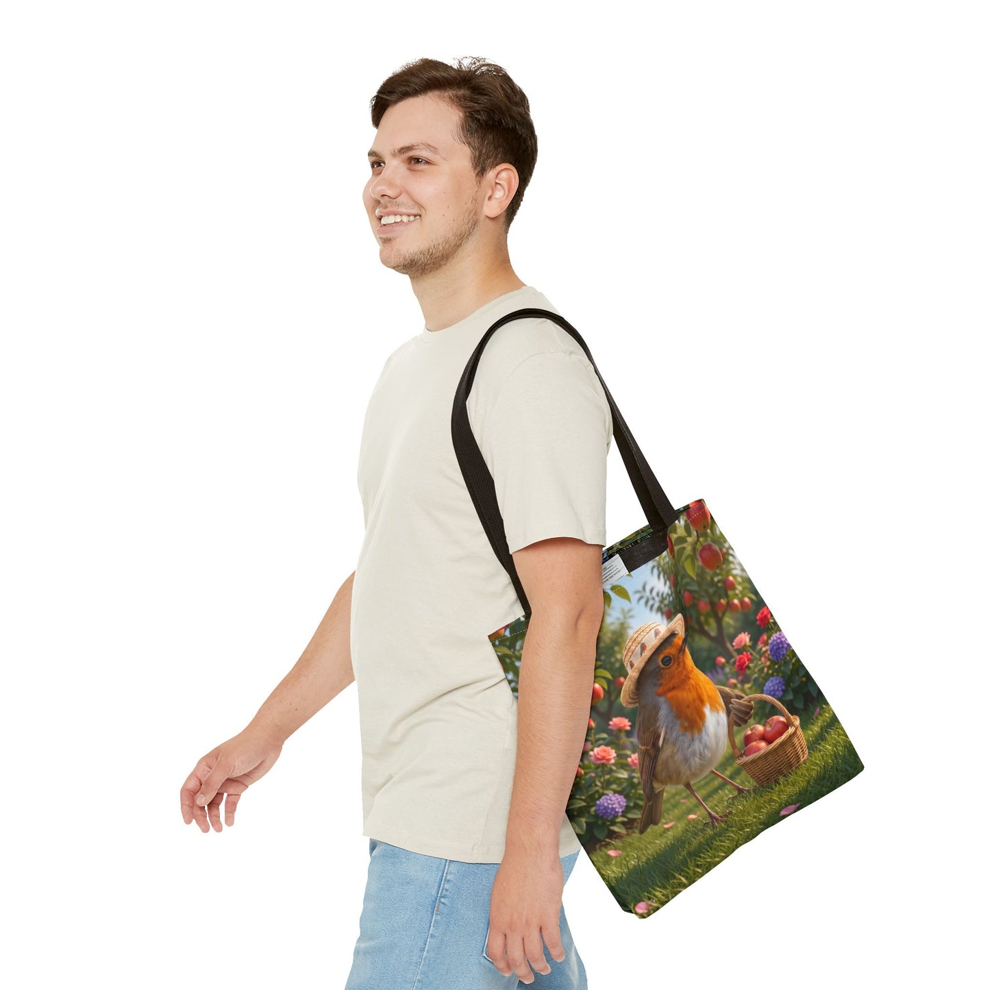 Premium Tragetasche Rosi Rotkehlchen bei der Apfelernte (40 x 40 cm)