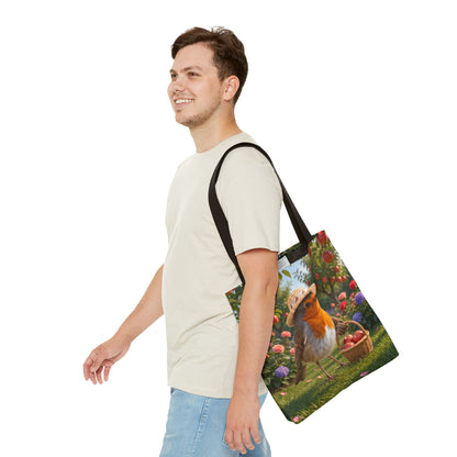 Premium Tragetasche Rosi Rotkehlchen bei der Apfelernte (40 x 40 cm)