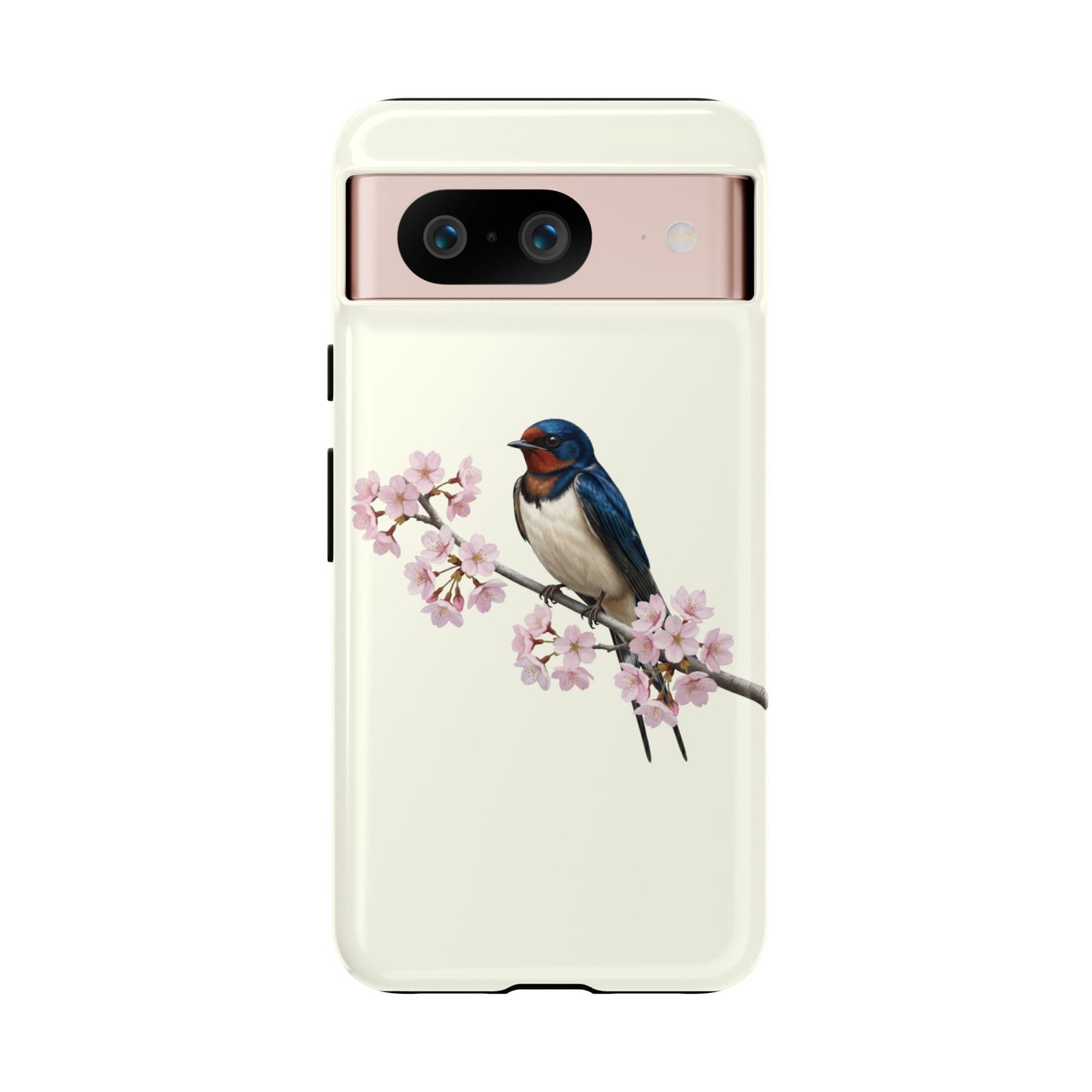Rauchschwalbe Handyhülle in Cremeweiß | Florales Kirschblüten Vogel-Motiv für iPhone & Google Pixel