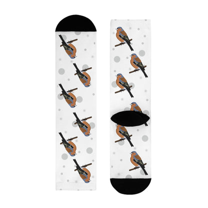 Buchfink Socken Vogelsocken Weiß mit Grauen Punkten