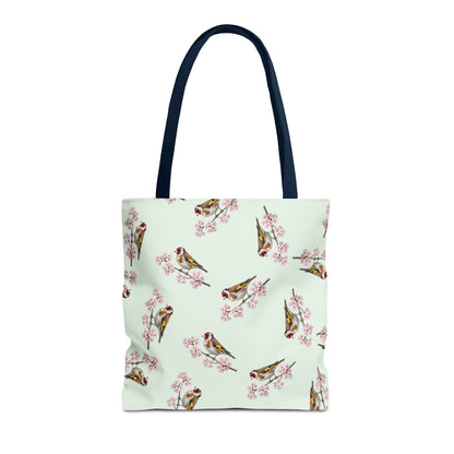 Stieglitz & Kirschblüten Tragetasche in Salbeigrün | Stofftasche Geschenk für Vogelbeobachter – Accessories,