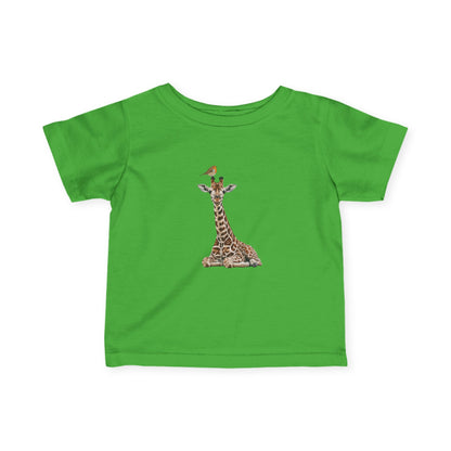 Süße Baby Giraffe mit Rotkehlchen Vogel Tiermotiv T-Shirt für Babys und Kleinkinder