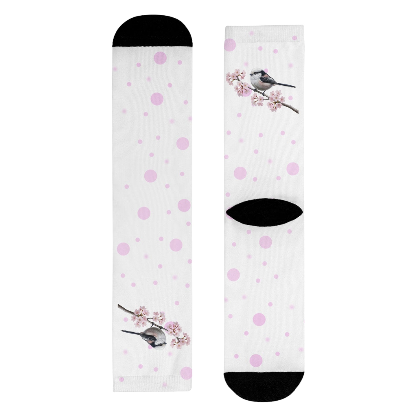 Schwanzmeise Socken – mit Kirschblüten | Weiß Rosa gepunktete Vogelmotiv Strümpfe