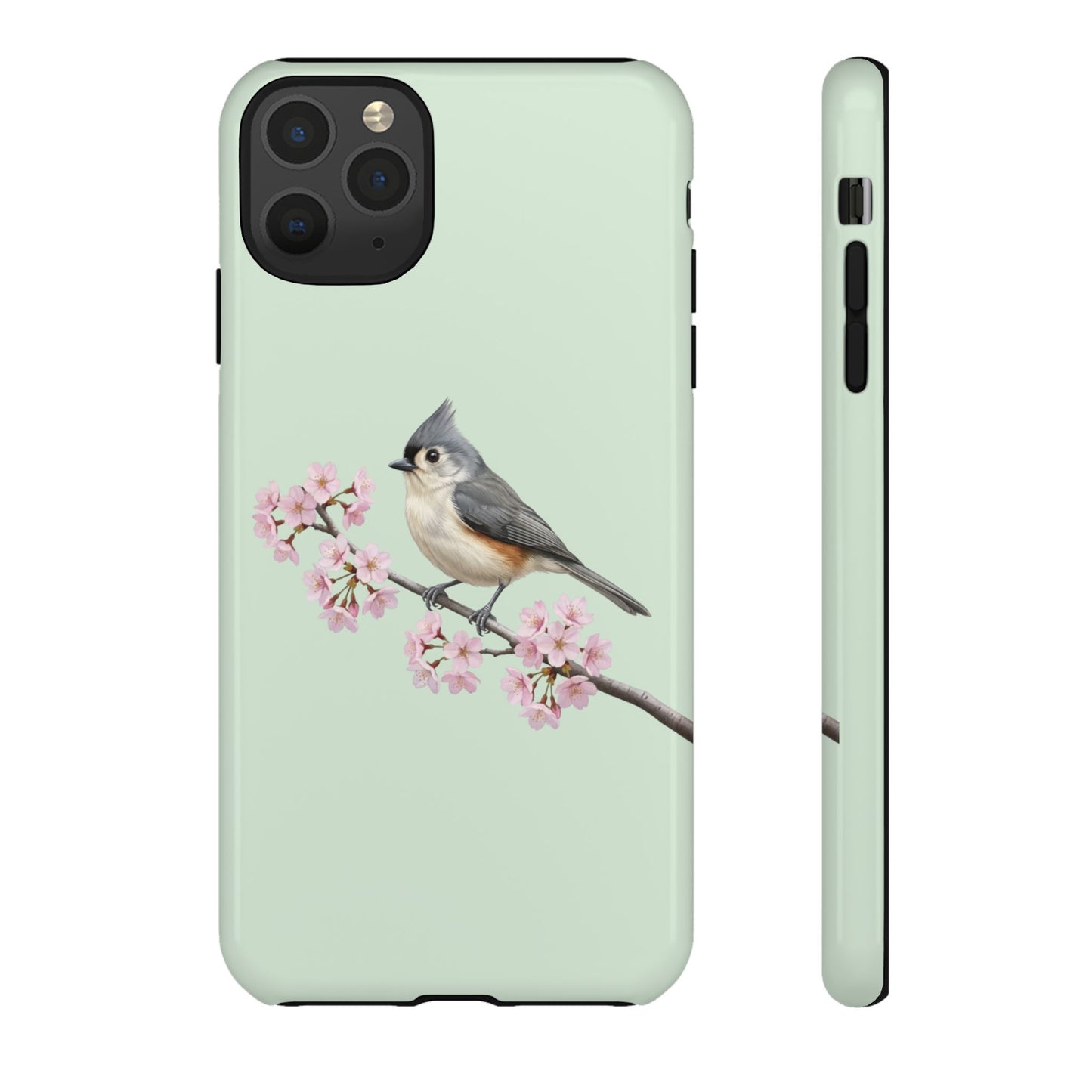 Grauhäubchenmeise Handyhülle in Salbeigrün | Florales Kirschblüten Vogel-Motiv für iPhone & Google Pixel – animal lover,