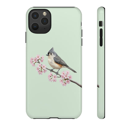 Grauhäubchenmeise Handyhülle in Salbeigrün | Florales Kirschblüten Vogel-Motiv für iPhone & Google Pixel – animal lover,