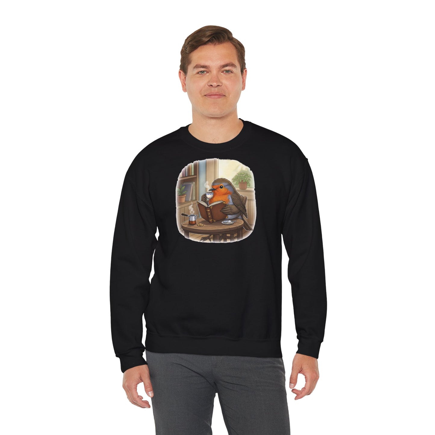 Rotkehlchen liest Bücher und trinkt Kaffee Vogel Sweatshirt für Vogelbeobachter