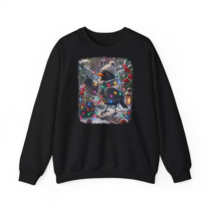 Premium Sweatshirt Amsel und die Lichterkette im winterlichen Garten für Vogelfreunde
