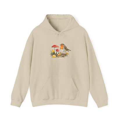 Rotkehlchen Herbst-Hoodie – Kuscheliger Kapuzenpullover mit Laub & Fliegenpilzen