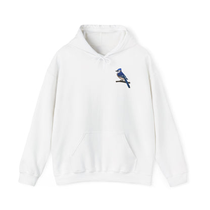 Blauhäher (Blue Jay) Kapuzenpullover – Minimalistischer Hoodie mit Vogelmotiv auf Ast