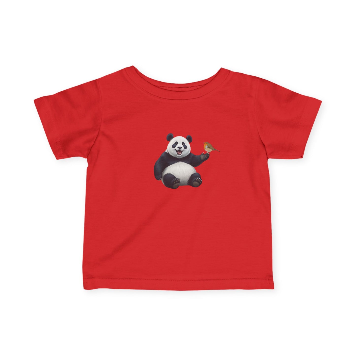 Fröhlicher Panda mit Rotkehlchen Vogel Tiermotiv T-Shirt für Babys und Kleinkinder