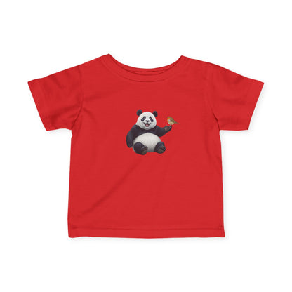 Fröhlicher Panda mit Rotkehlchen Vogel Tiermotiv T-Shirt für Babys und Kleinkinder