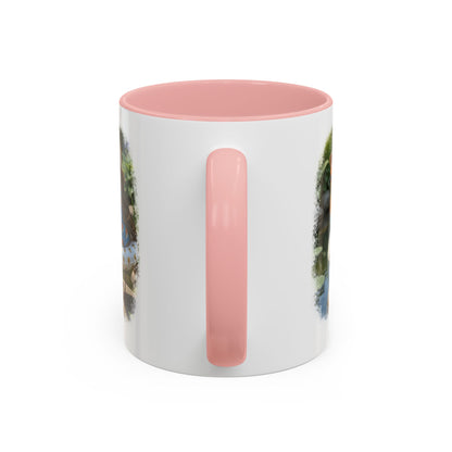 Rosi Rotkehlchen am Gartenteich Keramiktasse – Kaffeebecher mit farbigem Henkel