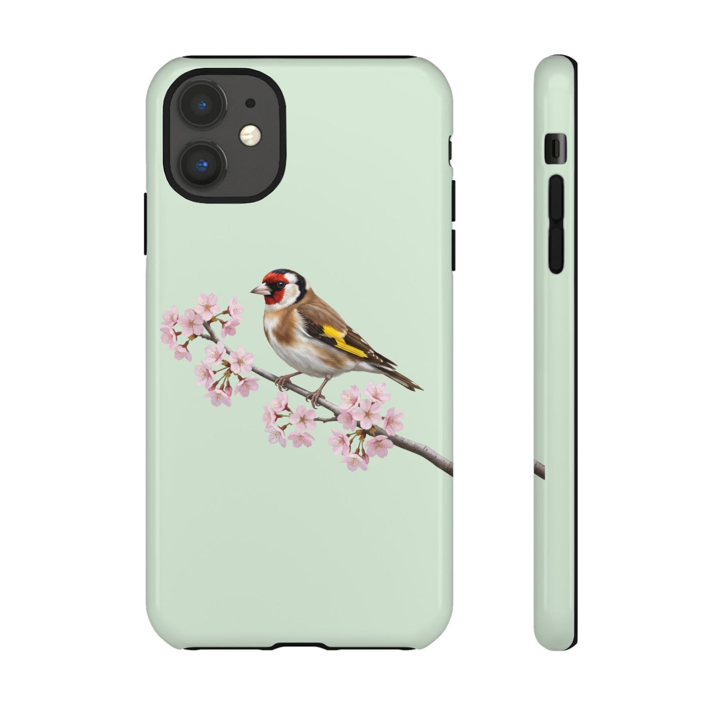 Stieglitz Handyhülle – in Salbeigrün | Florales Kirschblüten Vogel-Motiv für iPhone & Google Pixel