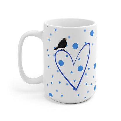 Amsel mit Herz Valentinstag Vogel Tasse Punkte Blau