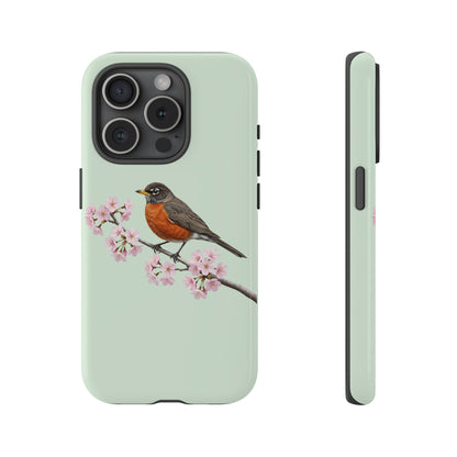 Wanderdrossel Handyhülle in Salbeigrün | Florales Kirschblüten Vogel-Motiv für iPhone & Google Pixel