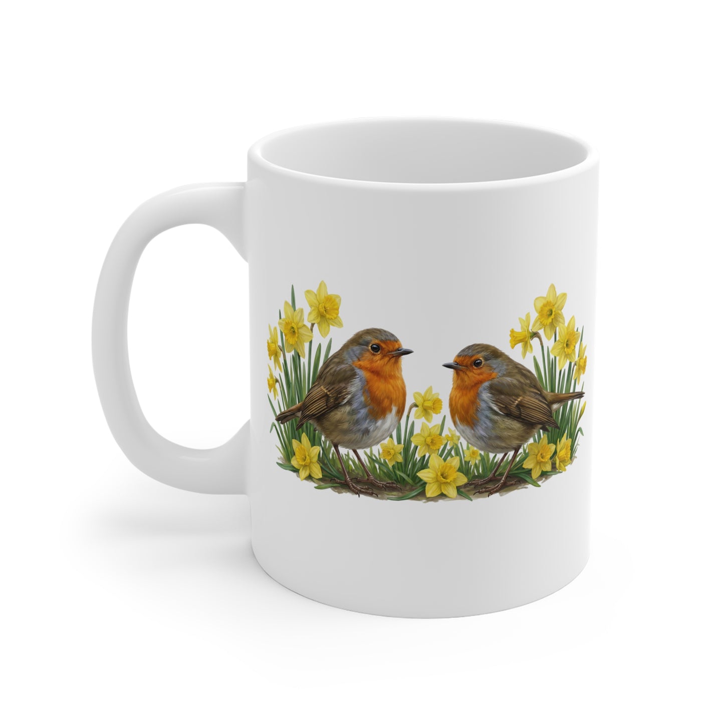 Rotkehlchen mit Osterglocken Tasse - Oster-Geschenk für Vogelfreunde mit Frühlingsdesign